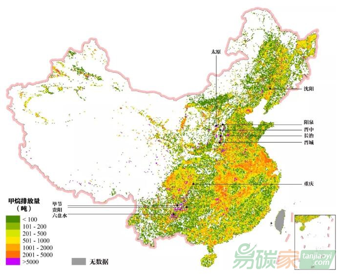 中國城市甲烷排放空間格局